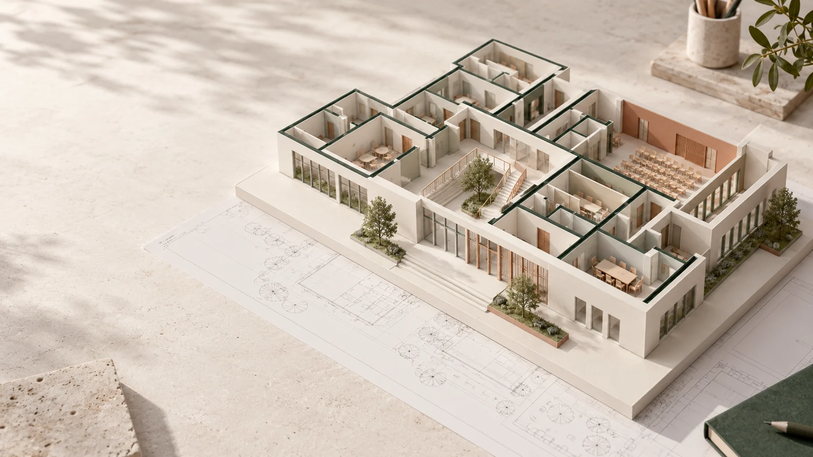 Illustration conceptuelle d’un bâtiment contemporain en pierre claire